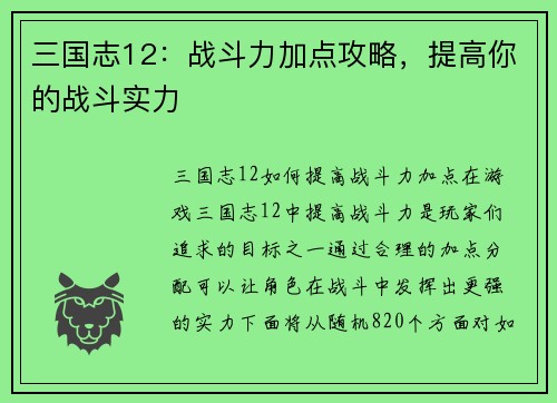 三国志12：战斗力加点攻略，提高你的战斗实力